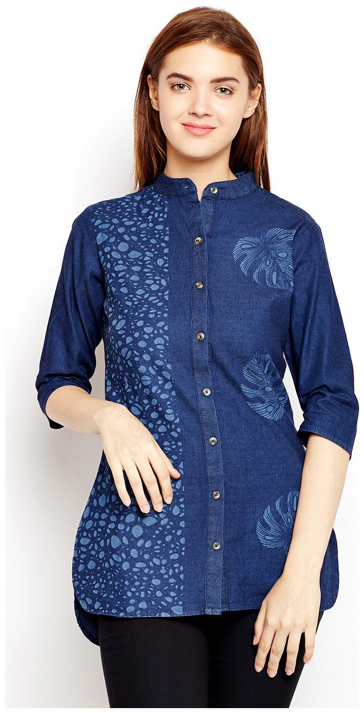 

Avyanna Stylish Women s Navy Blue Laser Leaf Dots Printed Denim Tunic