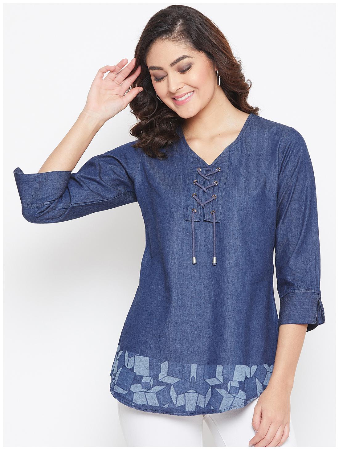 

Avyanna Stylish Women s Navy Blue Laser Printed Ilet Detail Denim Tunic