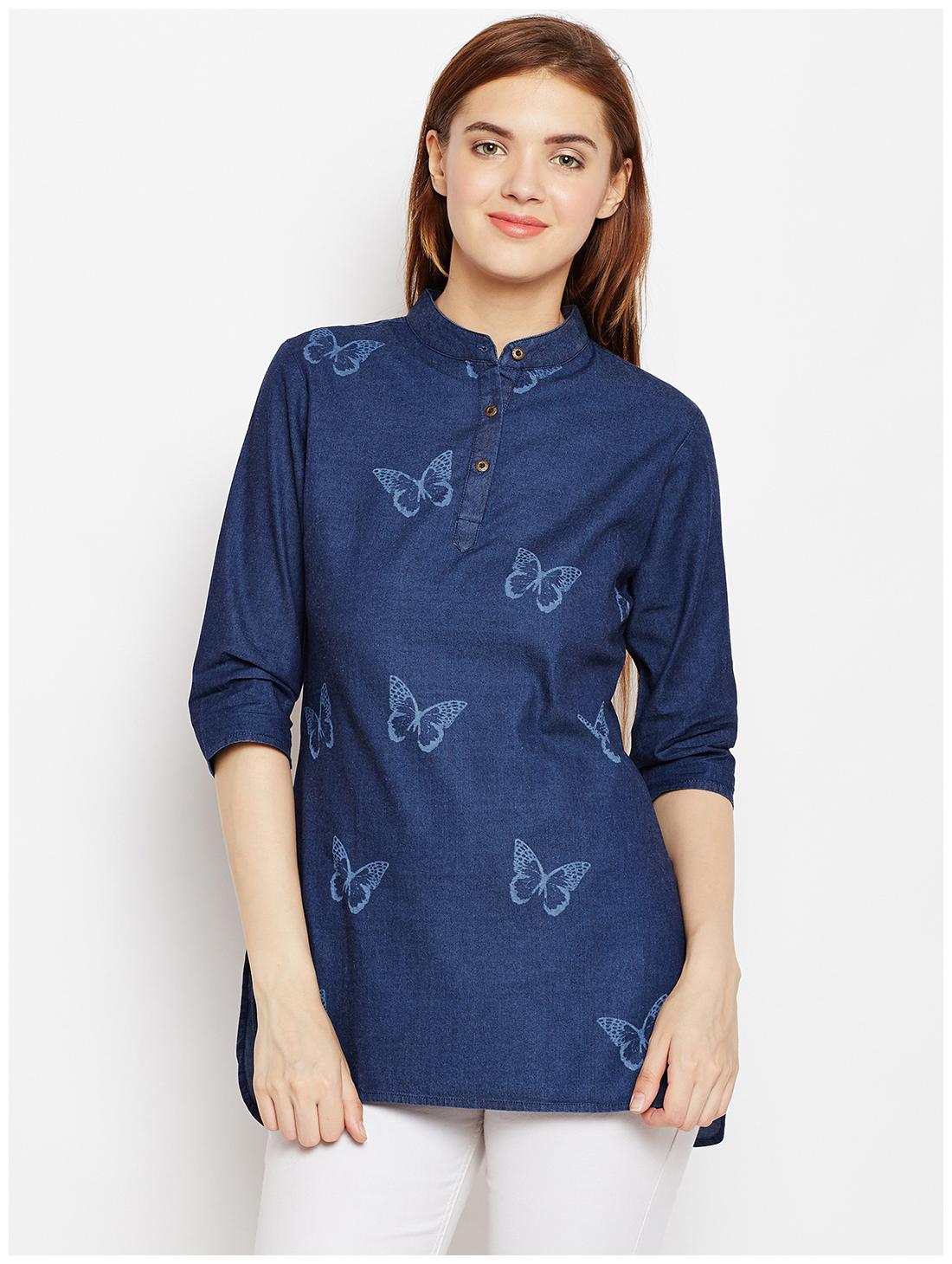 

Avyanna Stylish Women s Navy Blue Laser Butterfly Printed Denim Tunic