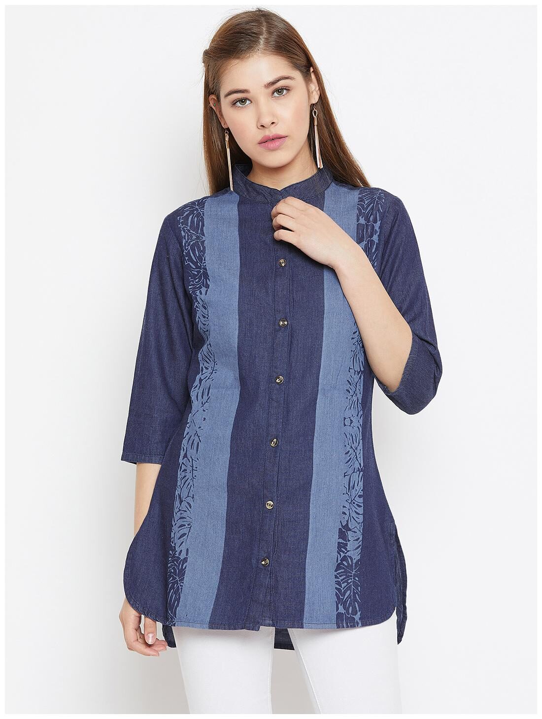 

Avyanna Stylish Women s Navy Blue Laser Printed Denim Tunic
