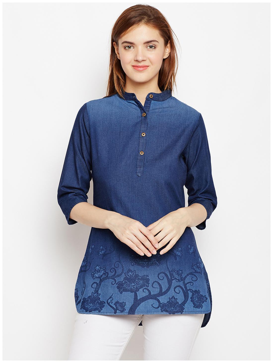 

Avyanna Stylish Women s Navy Blue Laser Floral Printed Denim Tunic