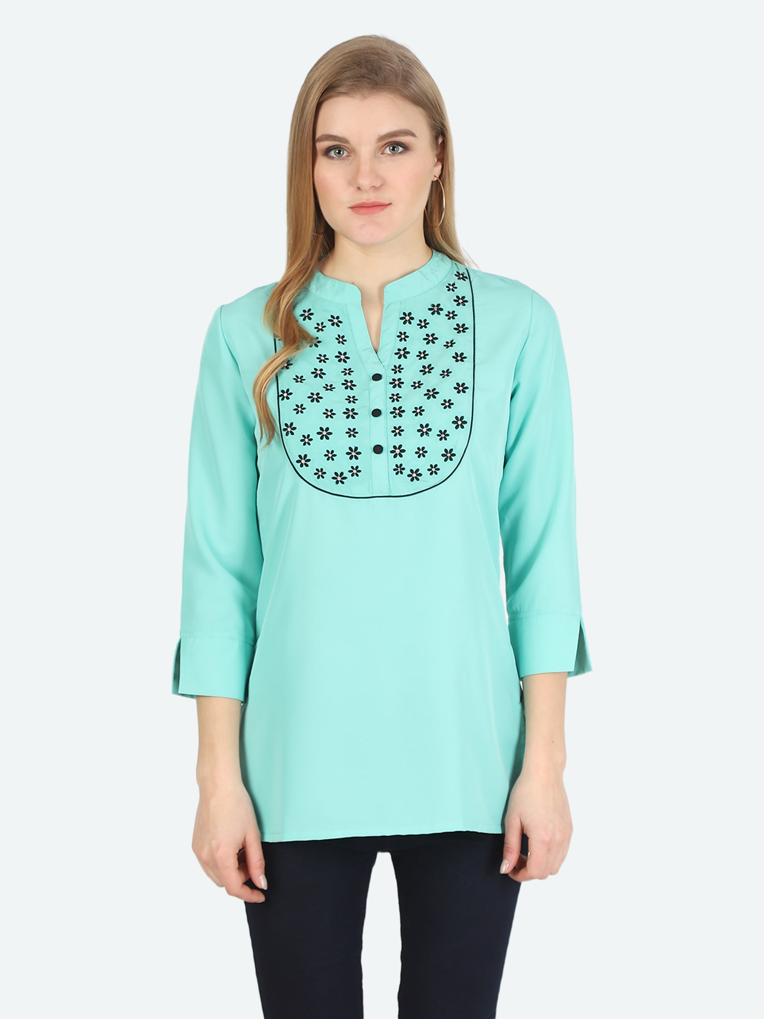 

Avyanna Stylis Women Crepe Embroidered Regular Tunic (Turquoise)