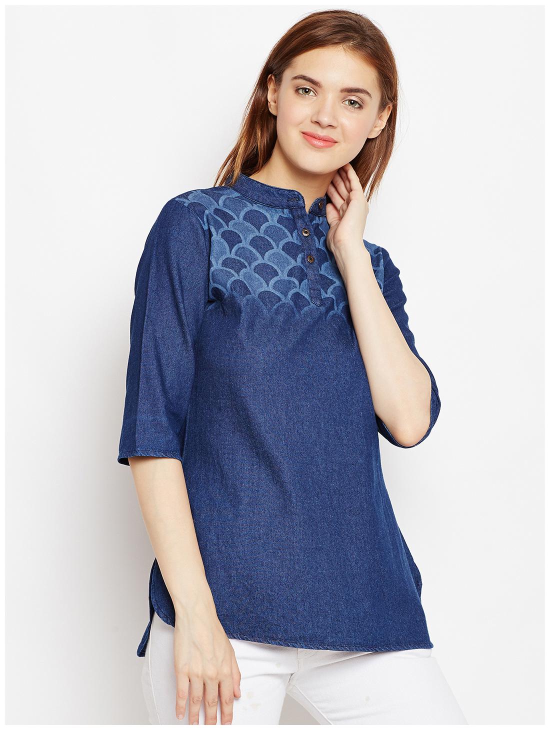 

Avyanna Stylish Women s Navy Blue Laser Printed Denim Tunic