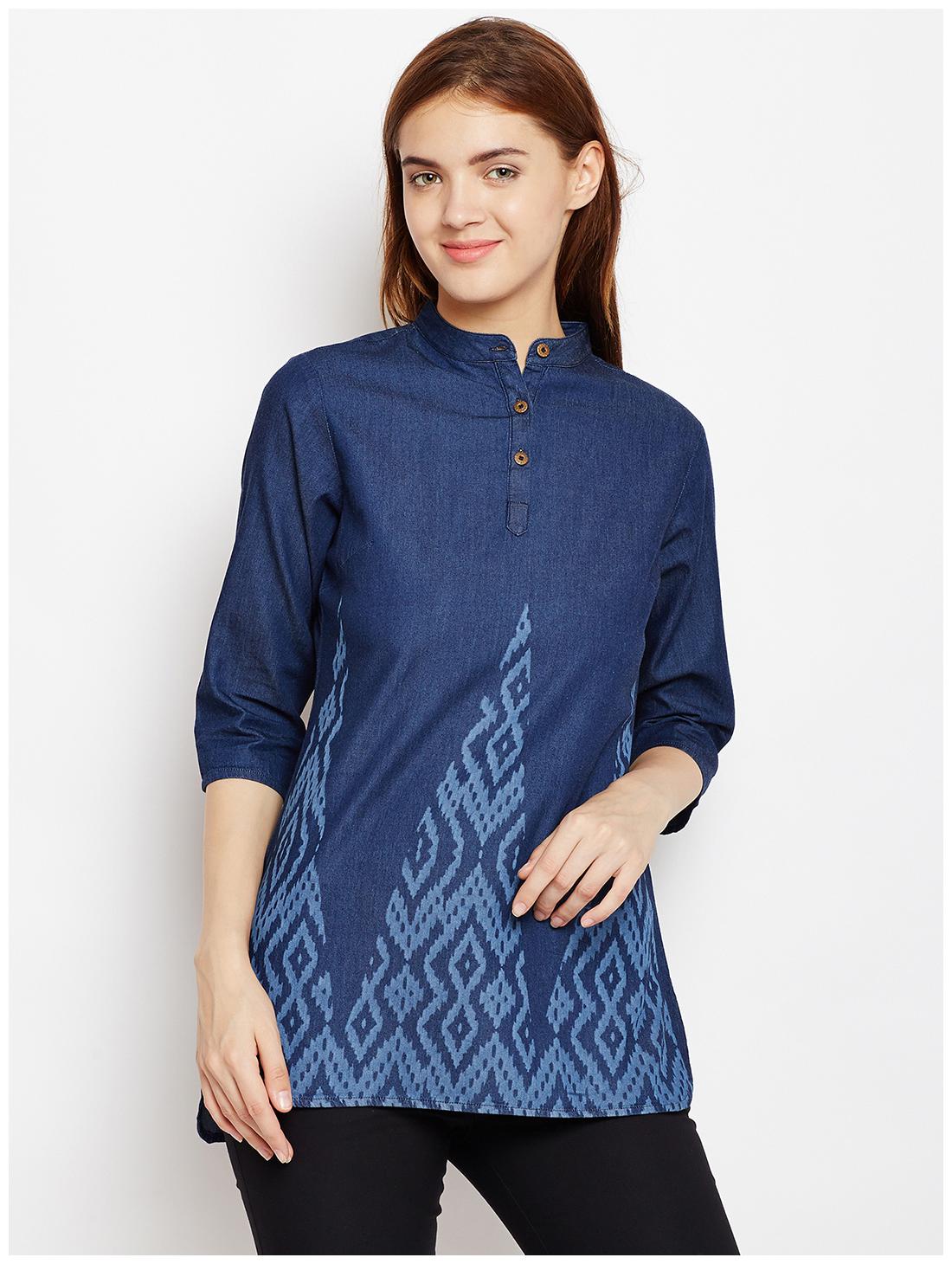 

Avyanna Stylish Women s Navy Blue Laser Printed Denim Tunic