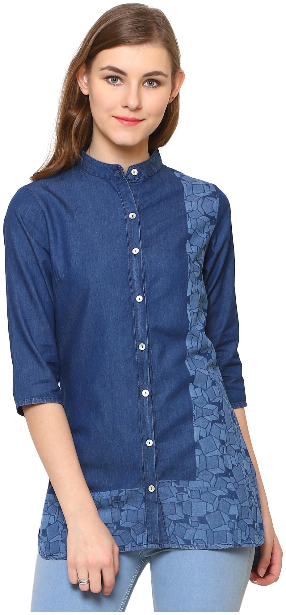 

Avyanna Stylish Women s Navy Blue Laser Printed Denim Tunic
