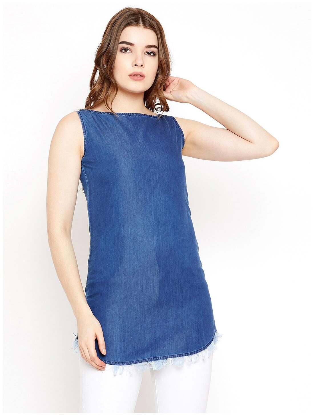 

Avyanna Stylish Women s Blue Sleevless Solid Denim Tunic