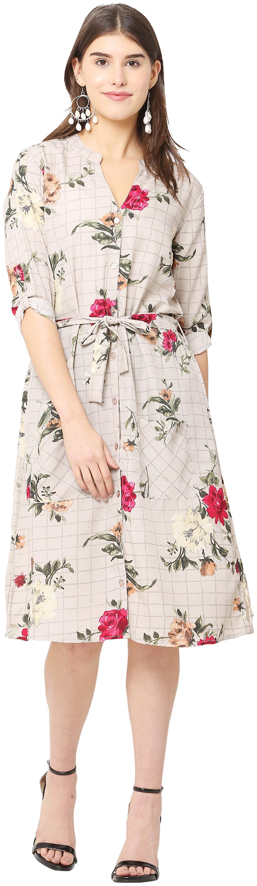 

Avyanna Stylish Cream Color A-line Floral Print Crepe Dress For Women s
