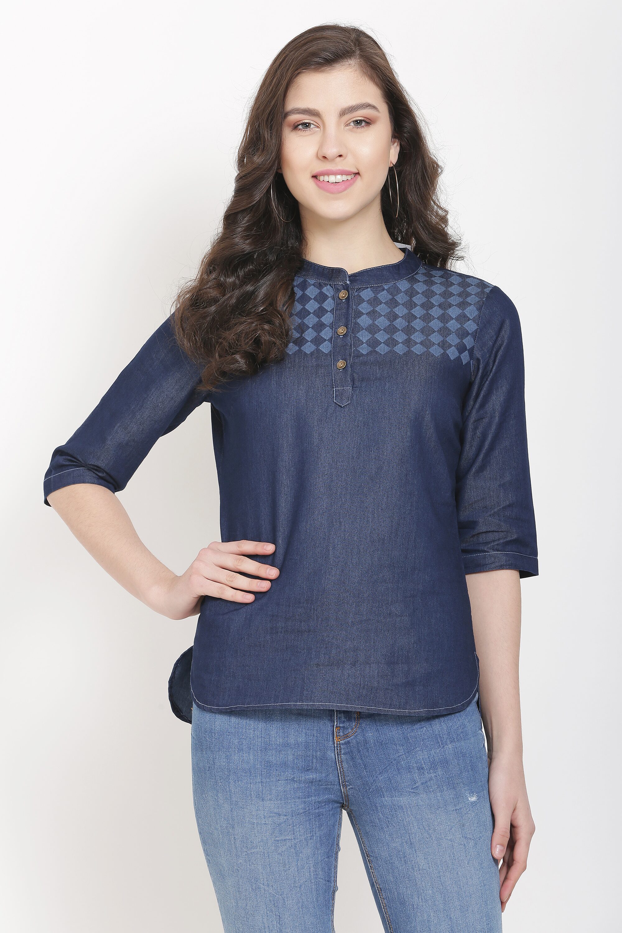 

Avyanna Stylis Women Denim Printed Regular Top (Navy Blue)