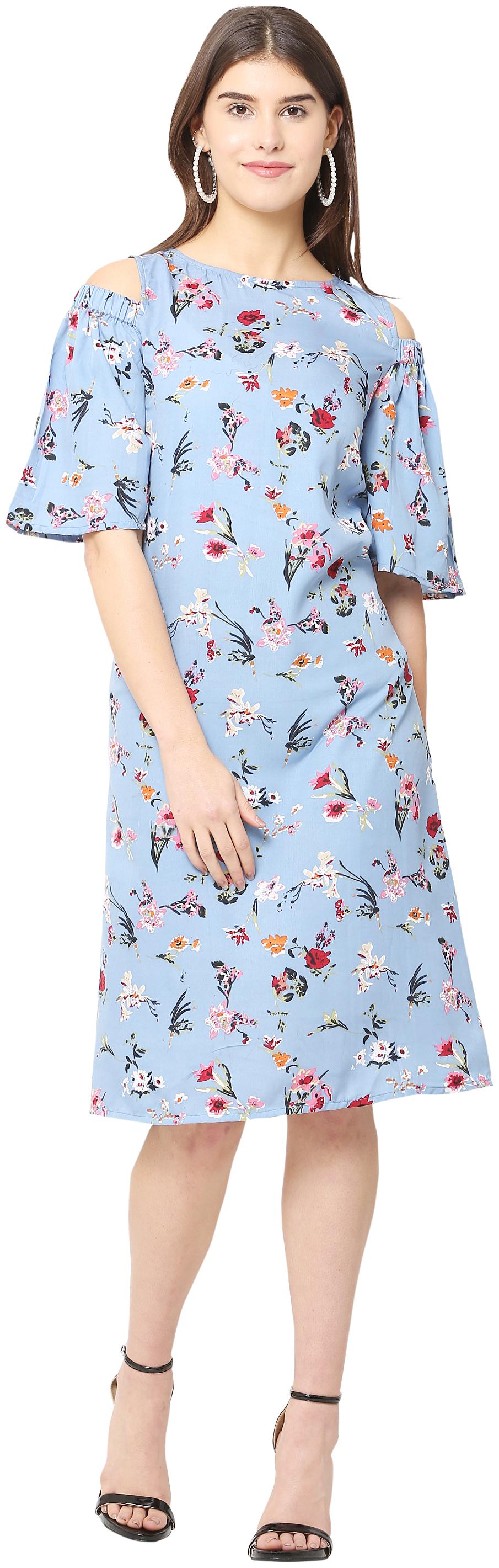 

Avyanna Stylish Blue Color Floral Print A-line Crepe Dress For Women s