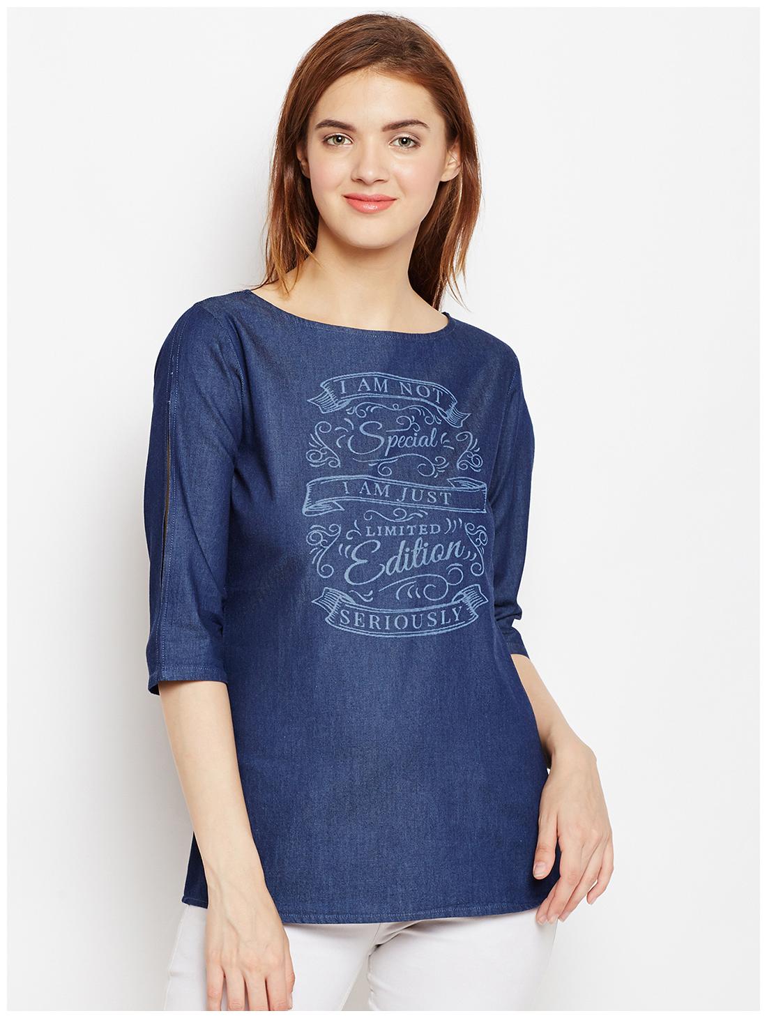 

Avyanna Stylish Women s Navy Blue Laser Printed Denim Tunic