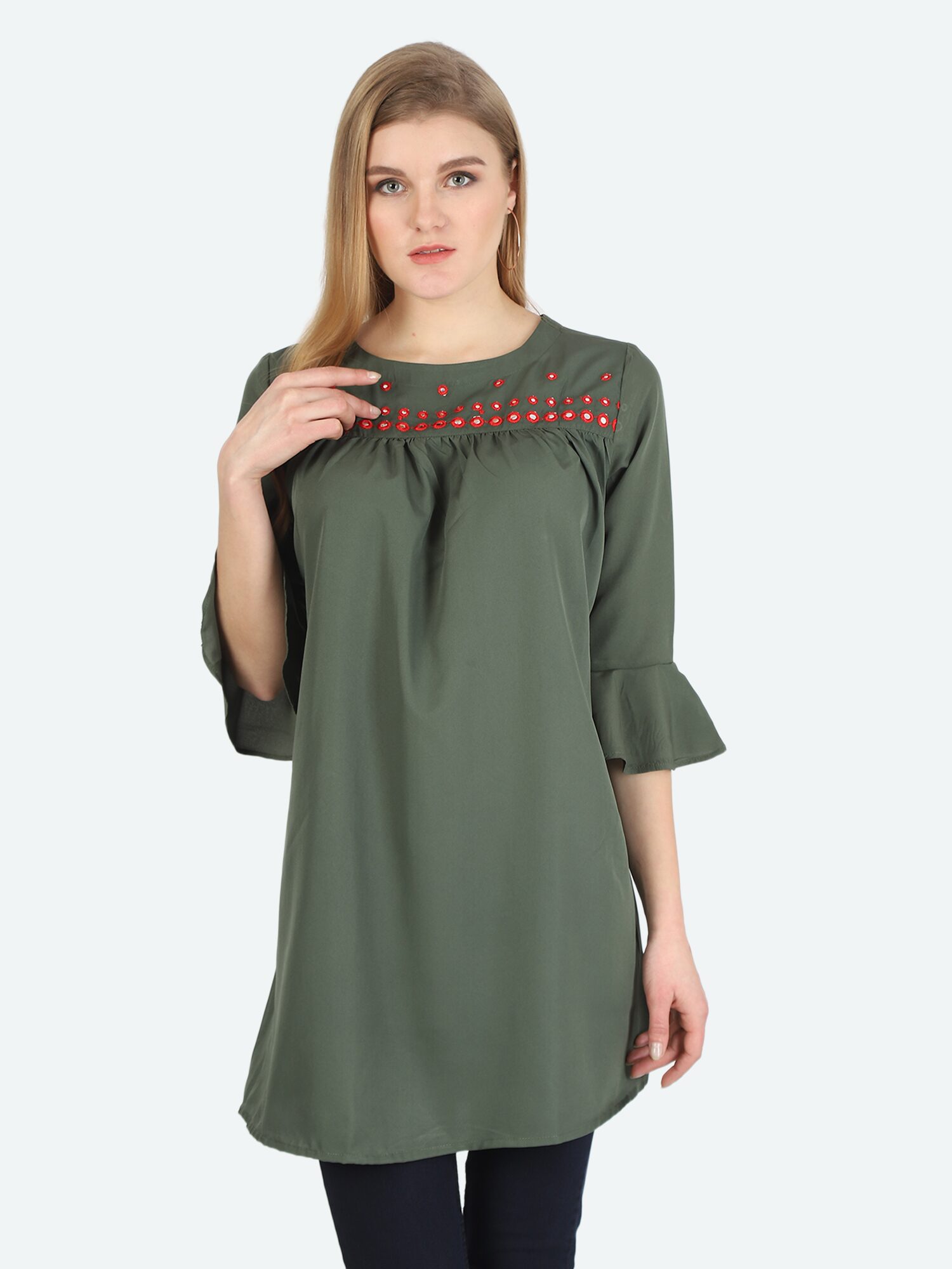 

Avyanna Stylis Women Crepe Embroidered Regular Tunic (Olive)