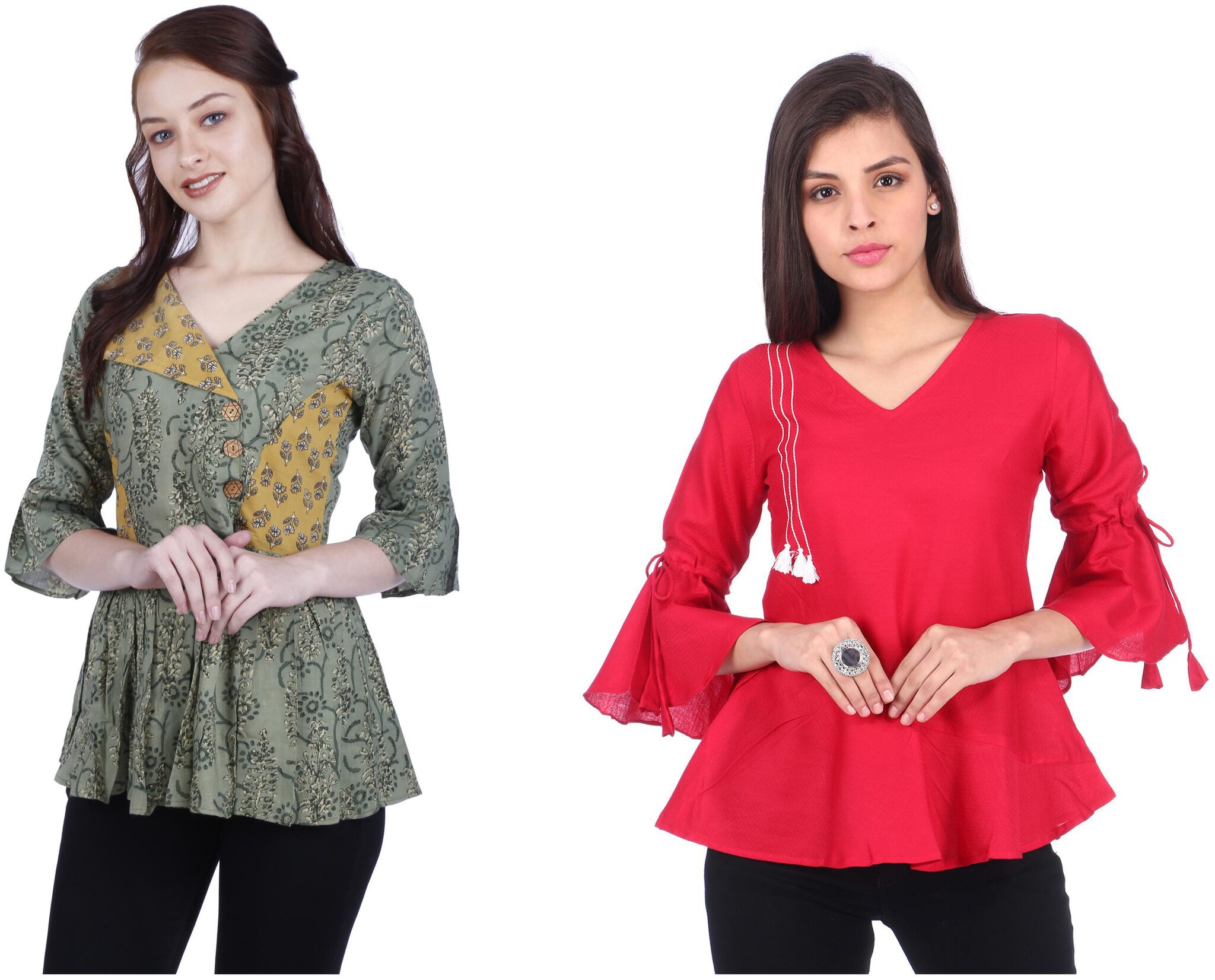 

AXPLORE Women Floral Self design Peplum top Fusion top - Green Red