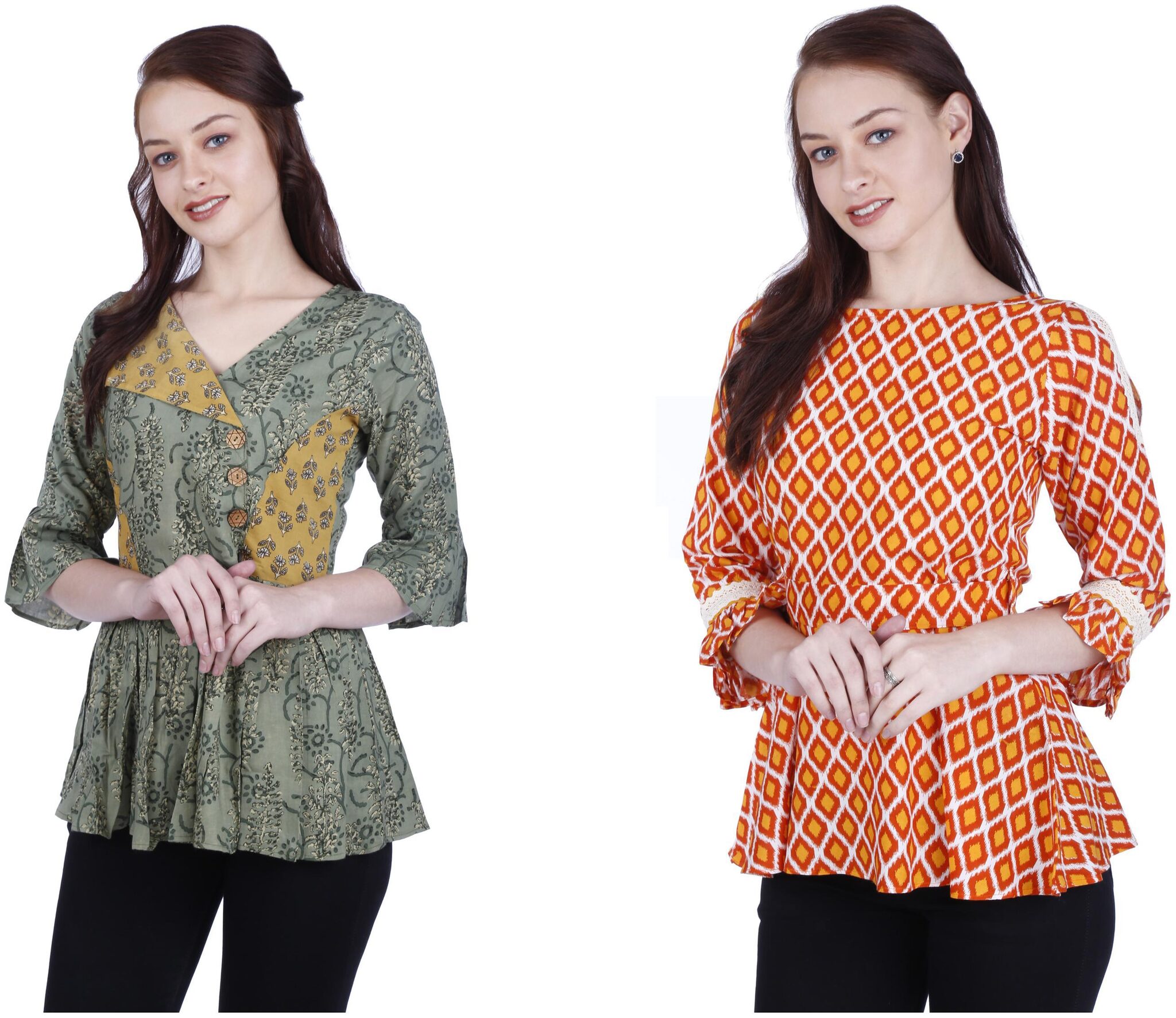

AXPLORE Women Printed Peplum top - Green Orange