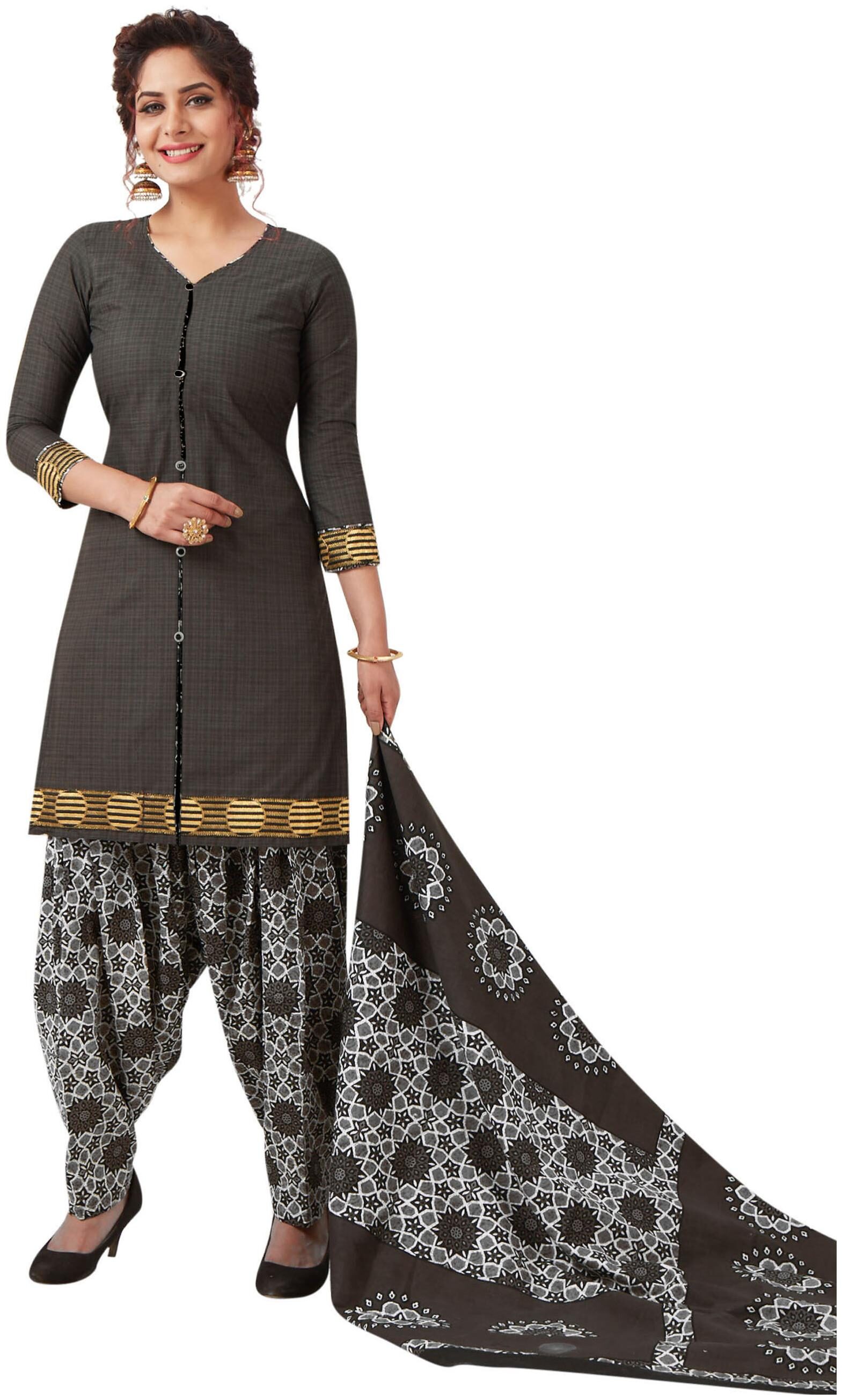 

Baalar Cotton Dress Material -Grey White