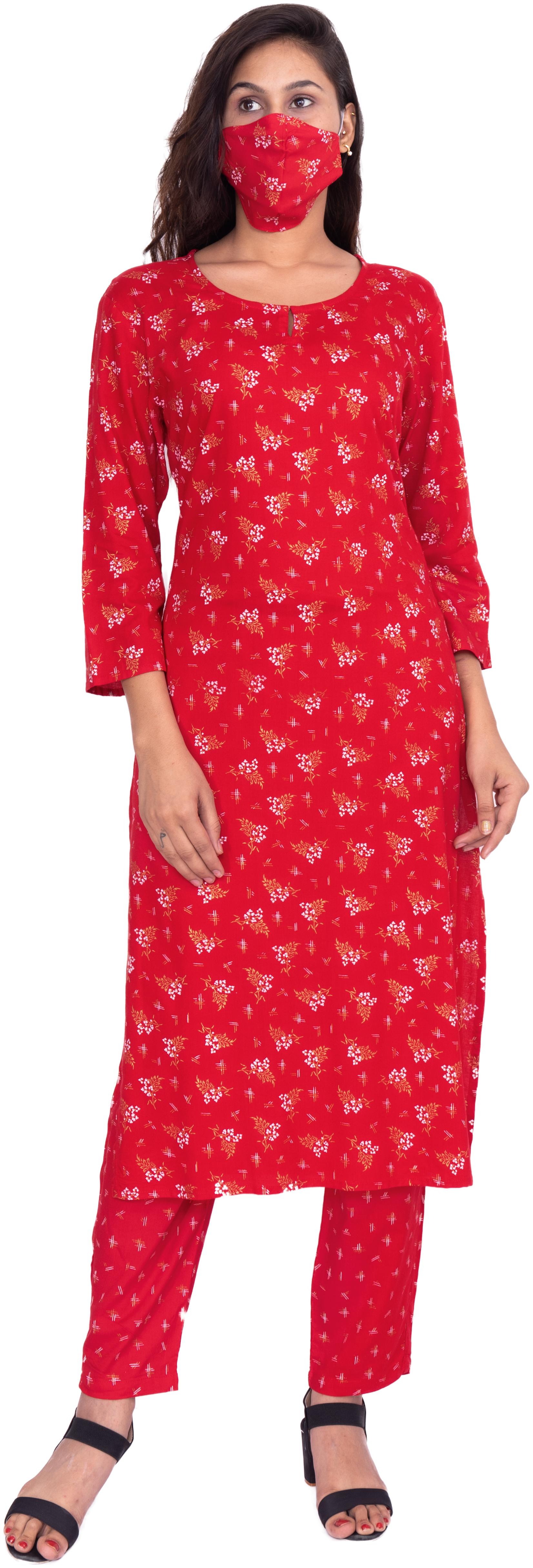 

BACHUU Women Red Floral Straight Kurta With Pants