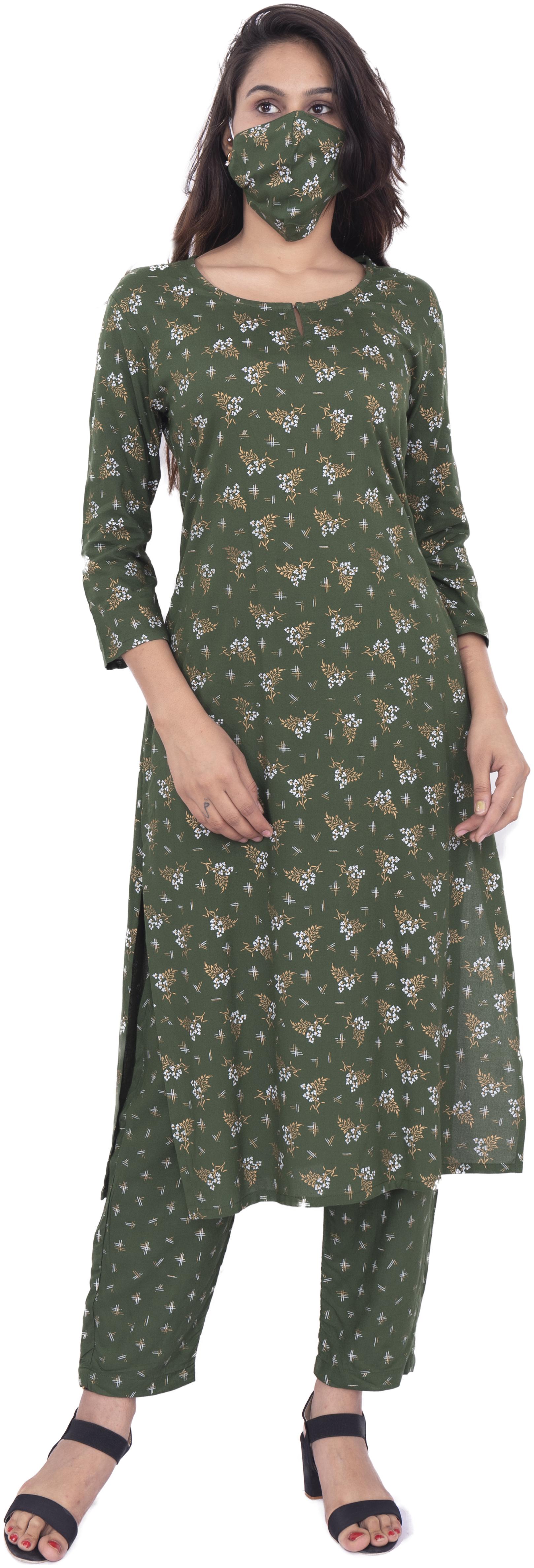 

BACHUU Women Green Floral Straight Kurta With Pants