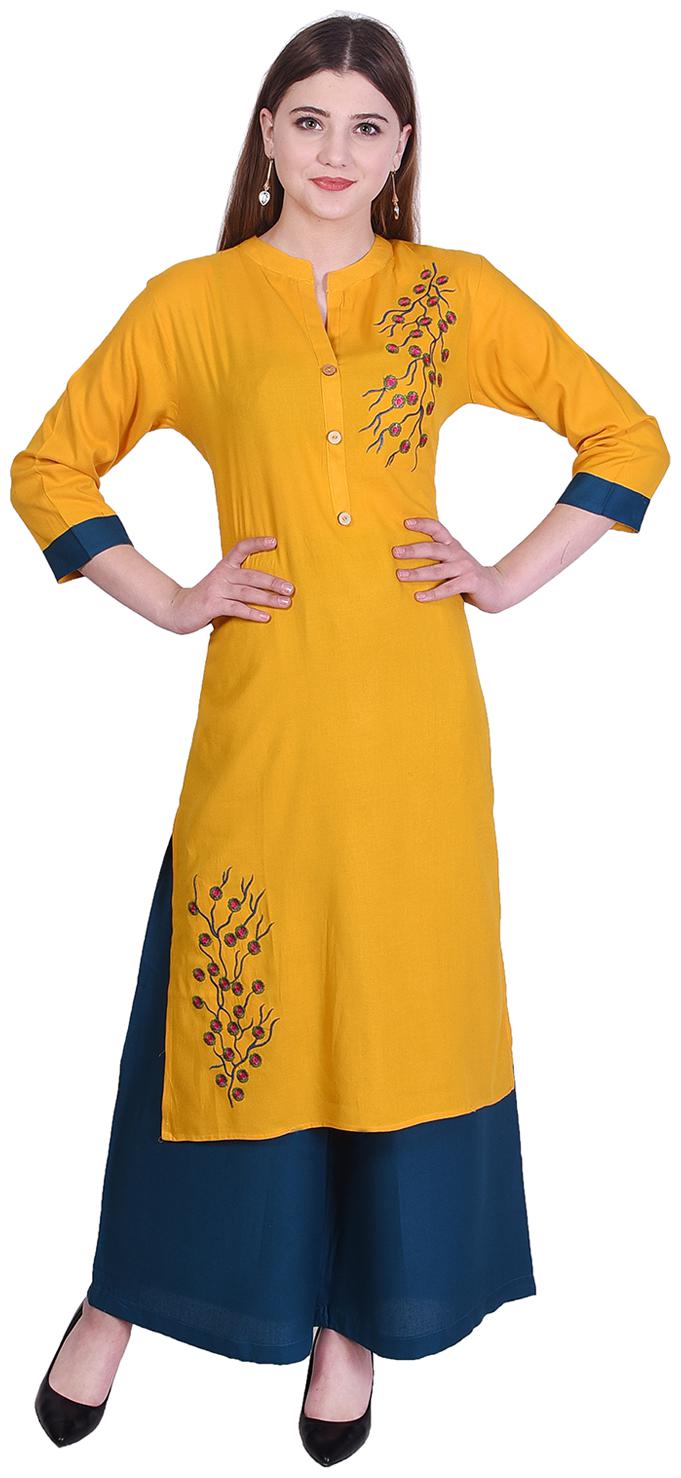 

Bachuu Women Rayon Embroidered Straight Kurti With Palazzo Yellow color