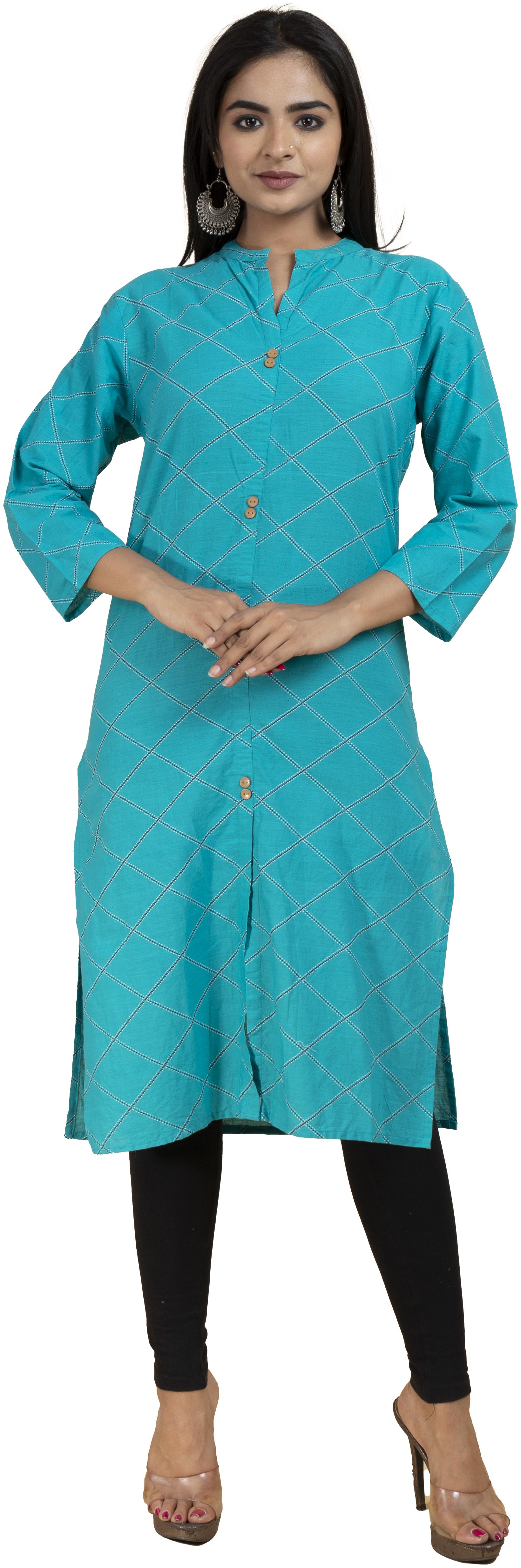 

BACHUU Women Turquoise Checkered Regular Kurta