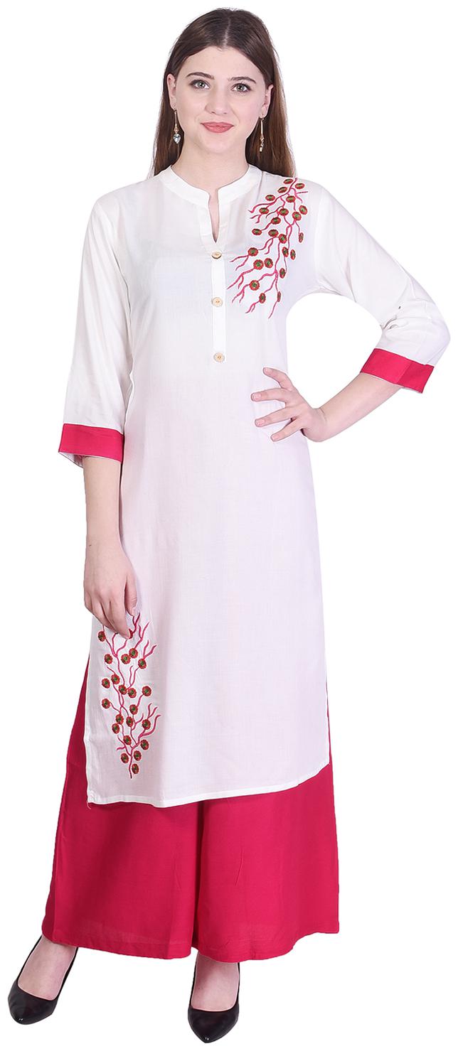 

Bachuu Women Rayon Embroidered Straight Kurti With Palazzo White color