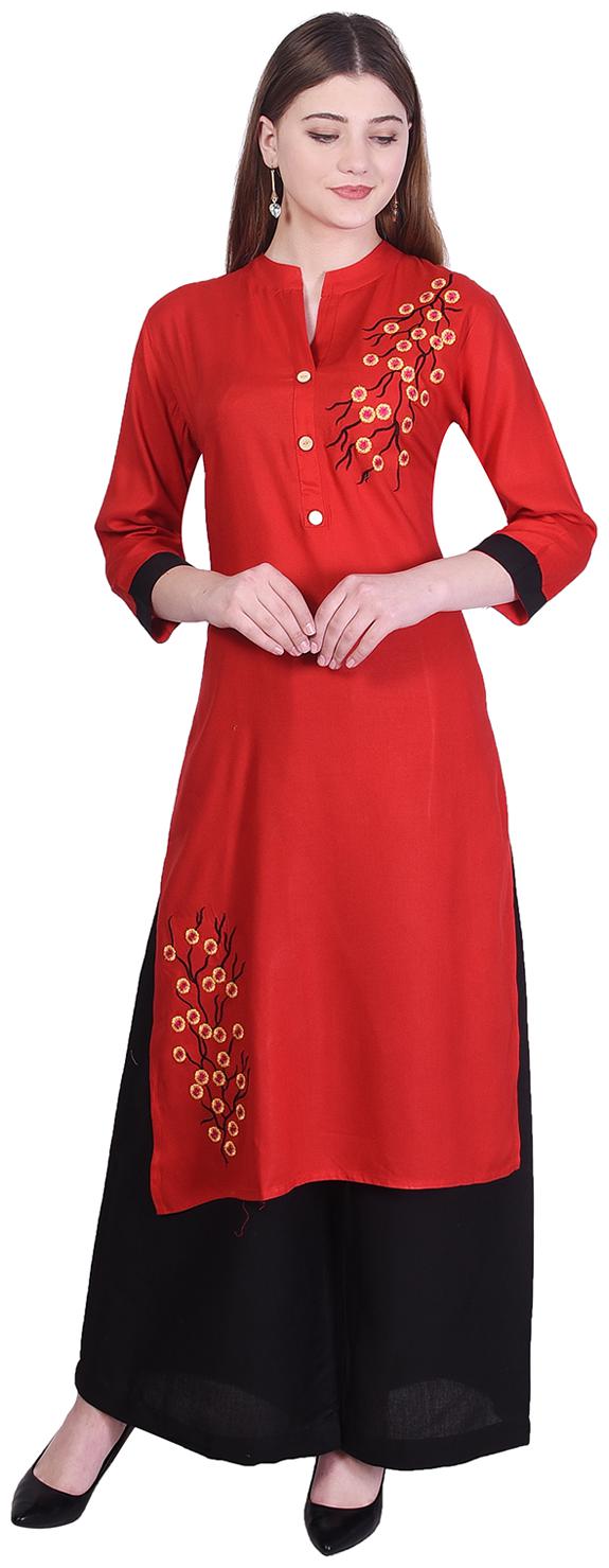 

Bachuu Women Rayon Embroidered Straight Kurti With Palazzo Red color