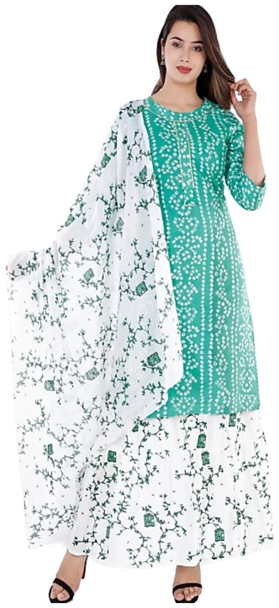 

Balaji cotton house Women Green Cotton Kurti And Palazzo With Dupatta