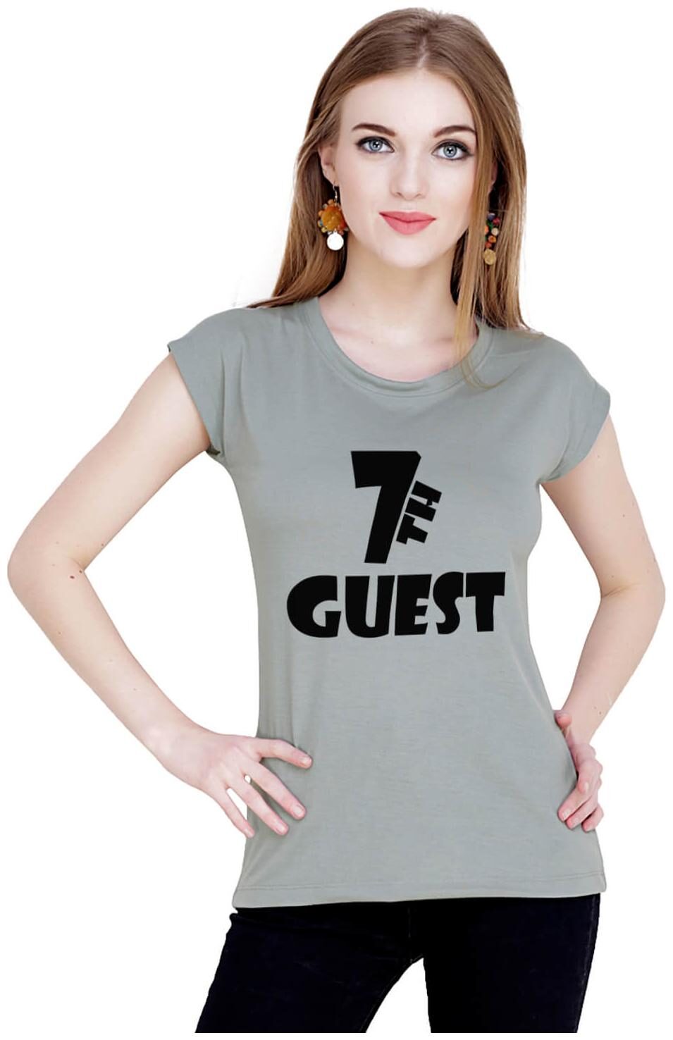 

baluchi Women Grey Regular fit Round neck Cotton Polyester T shirt