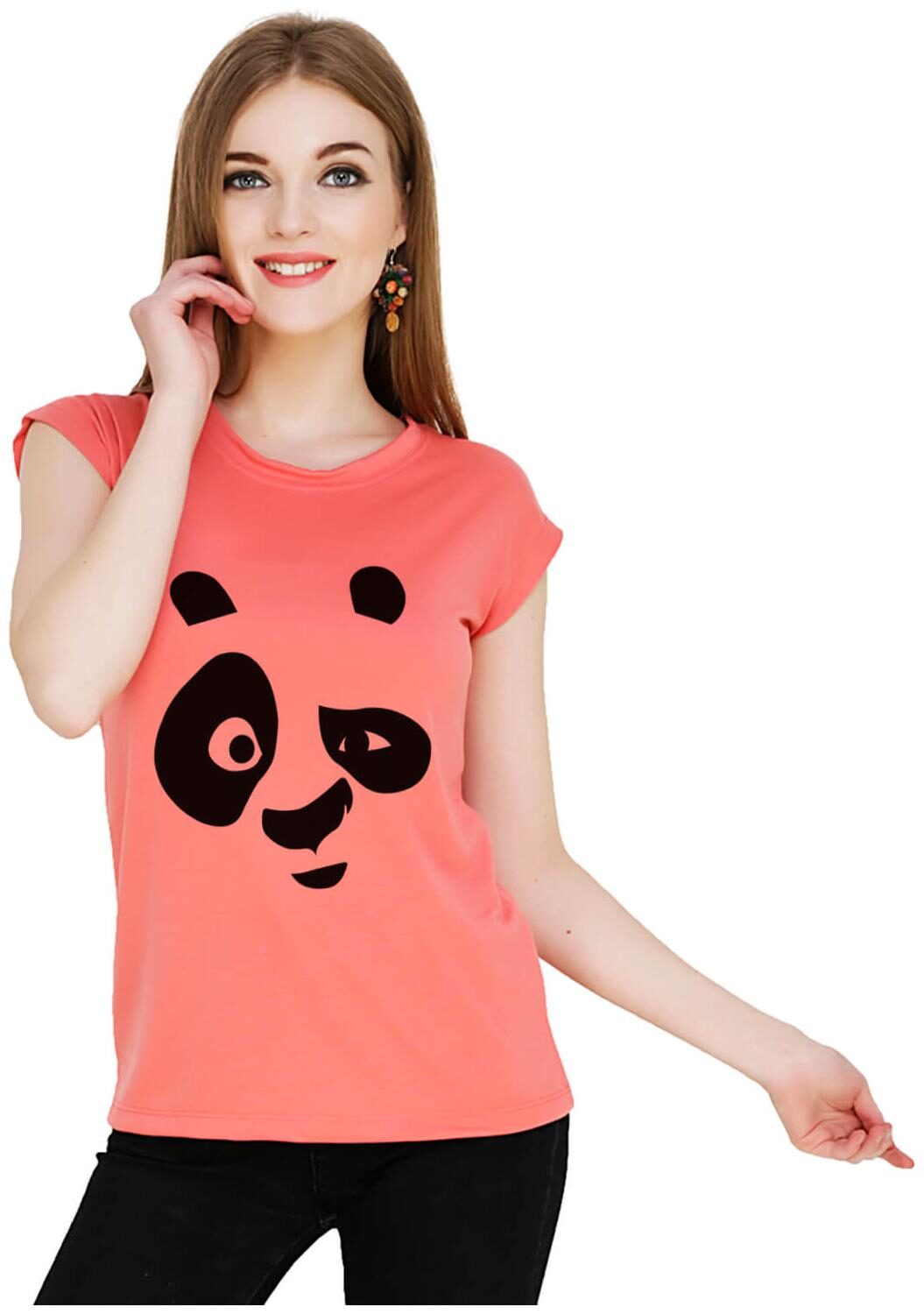 

baluchi Women Orange Regular fit Round neck Cotton Polyester T shirt