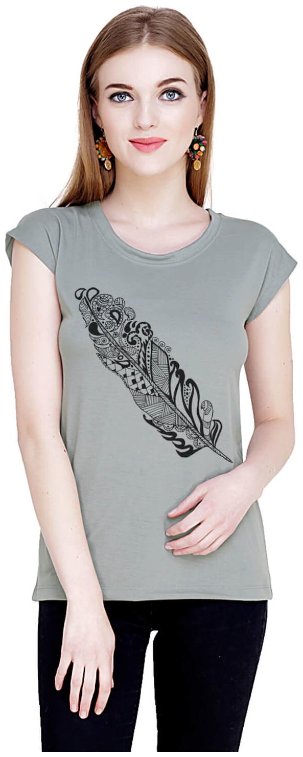 

baluchi Women Grey Regular fit Round neck Cotton Polyester T shirt