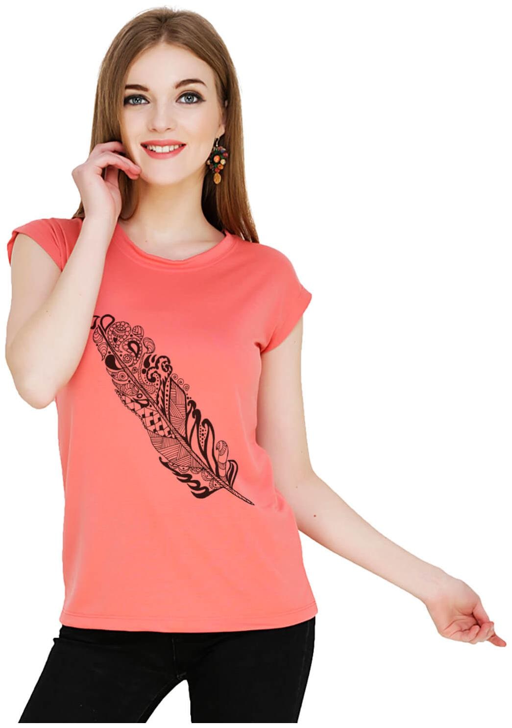

baluchi Women Orange Regular fit Round neck Cotton Polyester T shirt