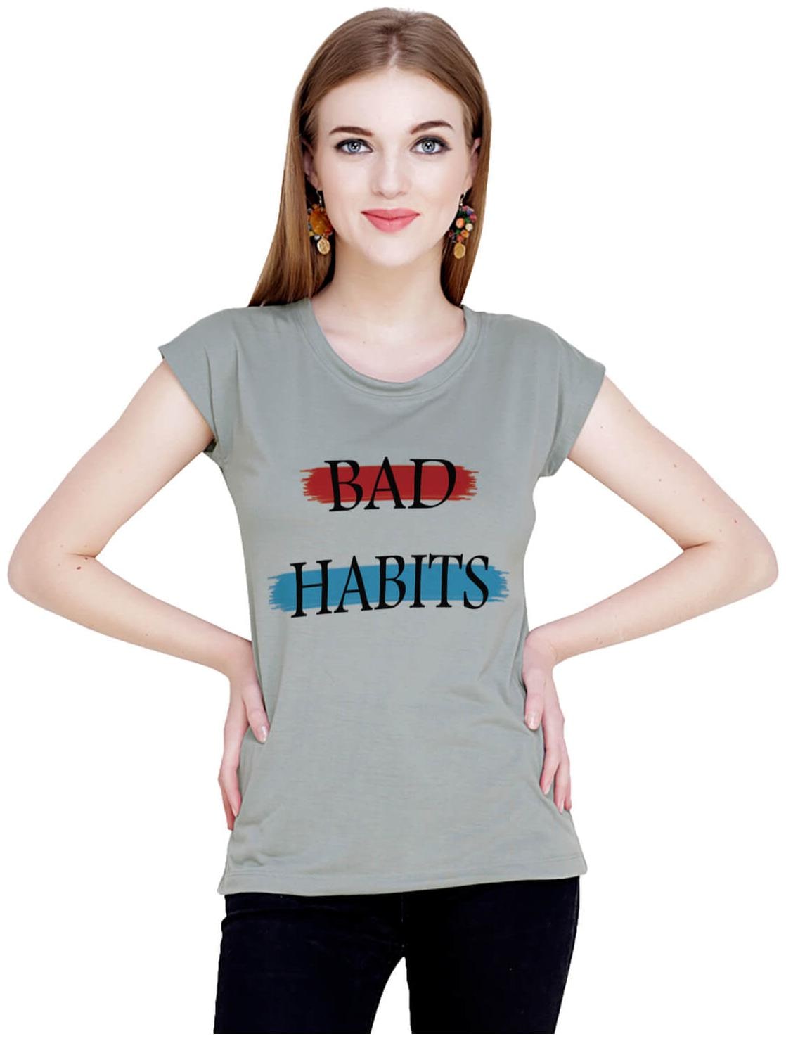 

baluchi Women Grey Regular fit Round neck Cotton Polyester T shirt