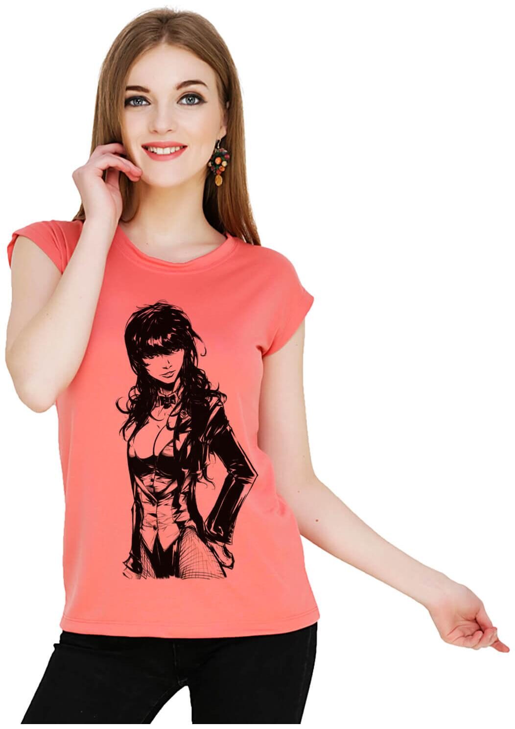 

baluchi Women Orange Regular fit Round neck Cotton Polyester T shirt