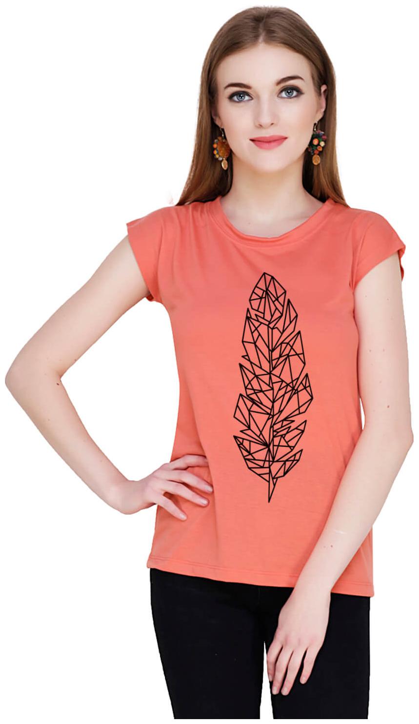 

baluchi Women Orange Regular fit Round neck Cotton Polyester T shirt