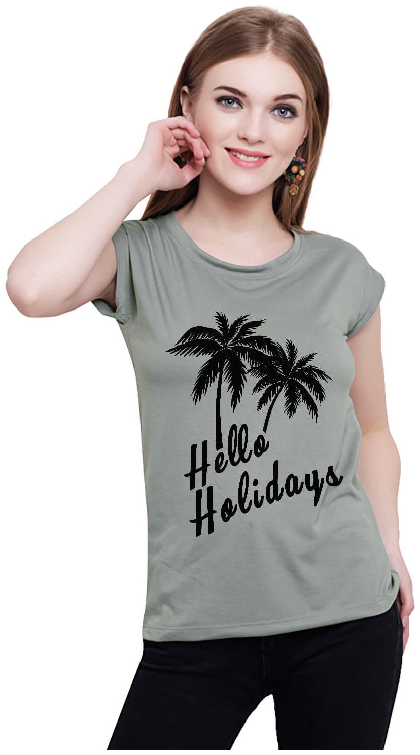

baluchi Women Grey Regular fit Round neck Cotton Polyester T shirt