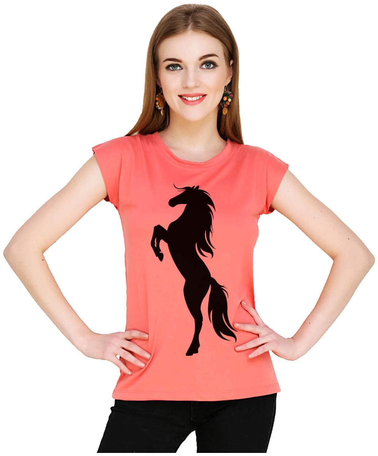 

baluchi Women Orange Regular fit Round neck Cotton Polyester T shirt
