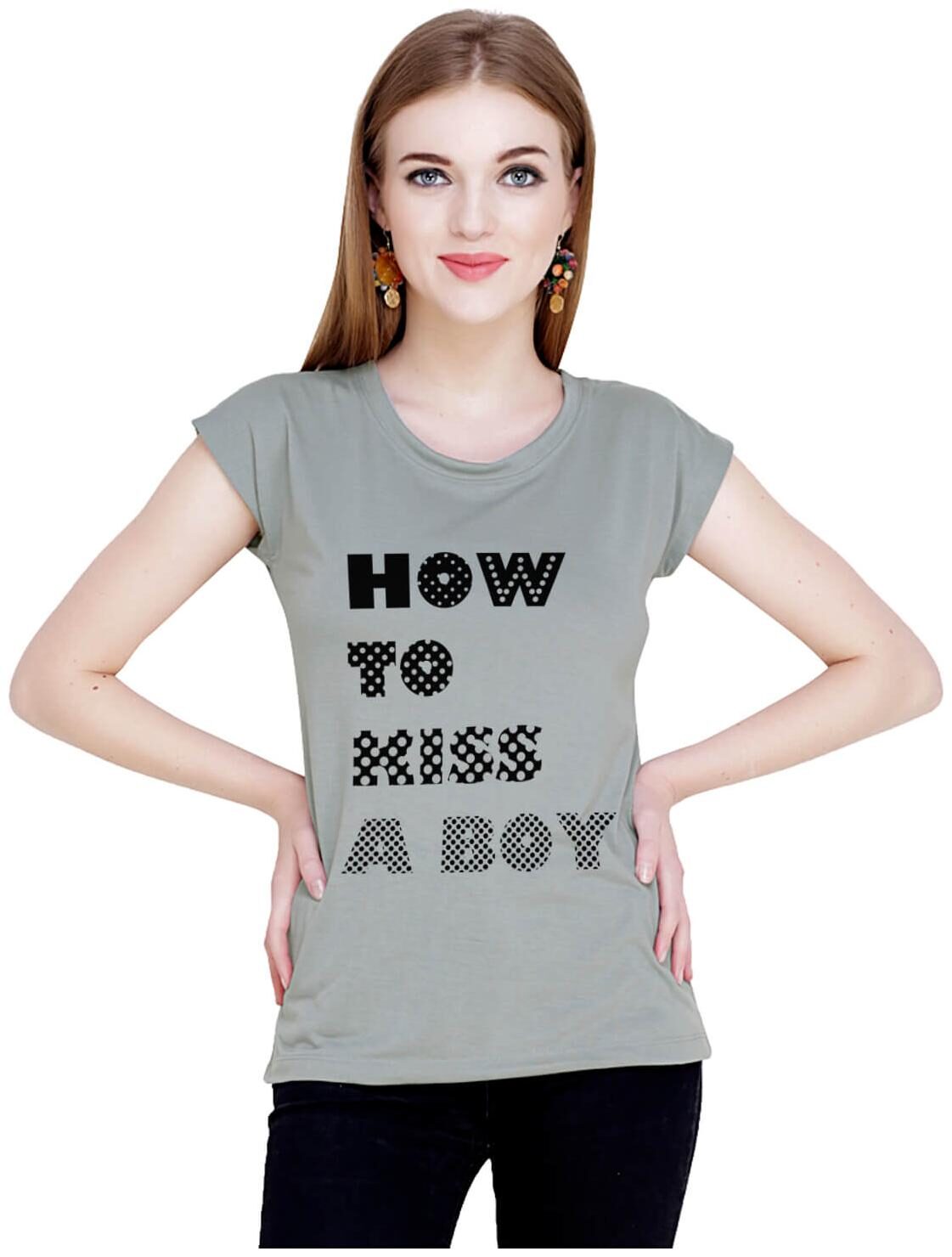 

baluchi Women Grey Regular fit Round neck Cotton Polyester T shirt