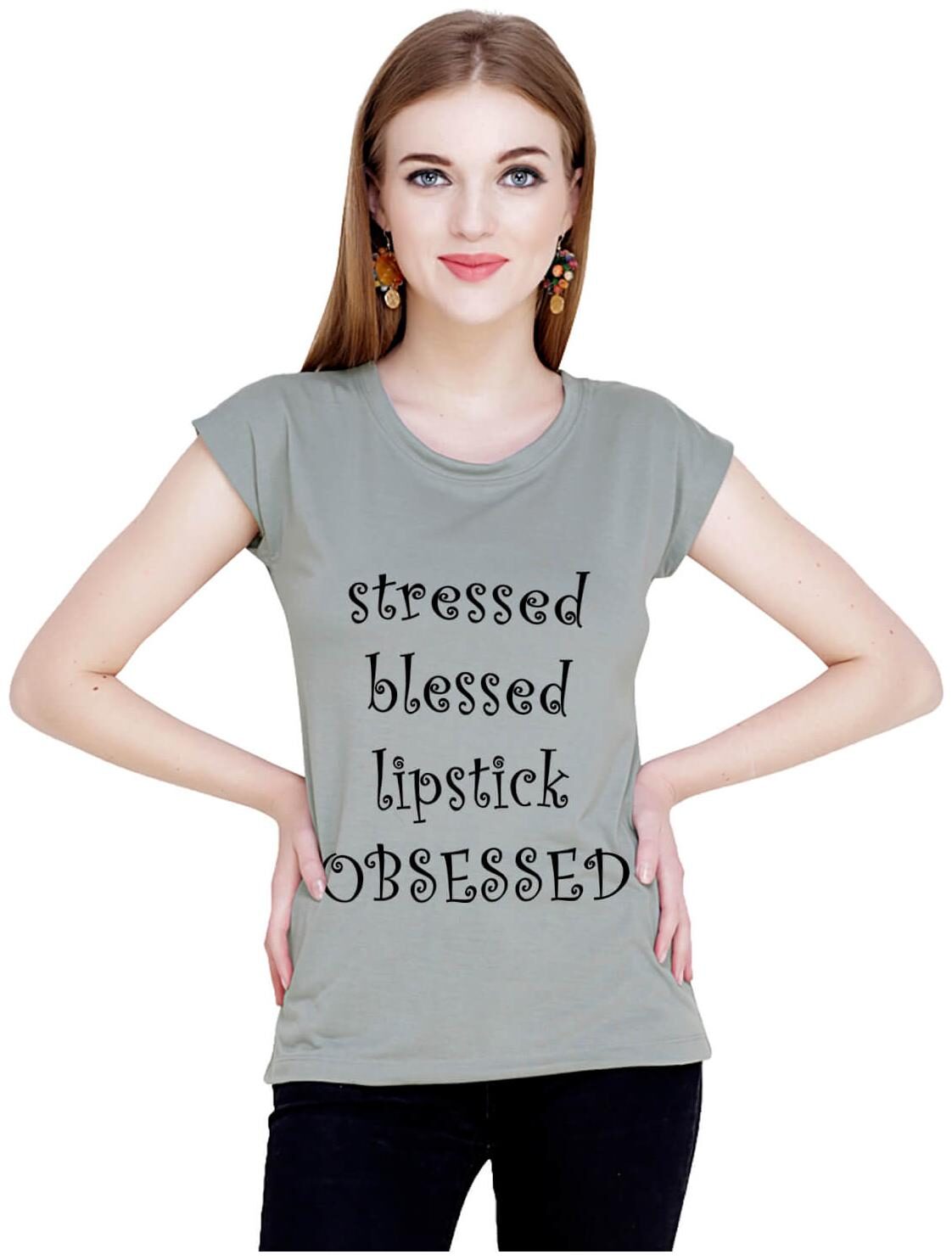 

baluchi Women Grey Regular fit Round neck Cotton Polyester T shirt