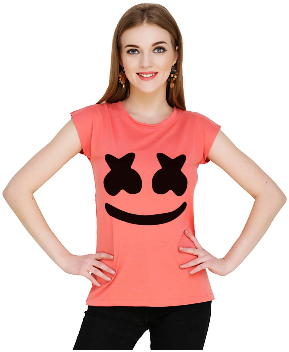 

baluchi Women Orange Regular fit Round neck Cotton Polyester T shirt