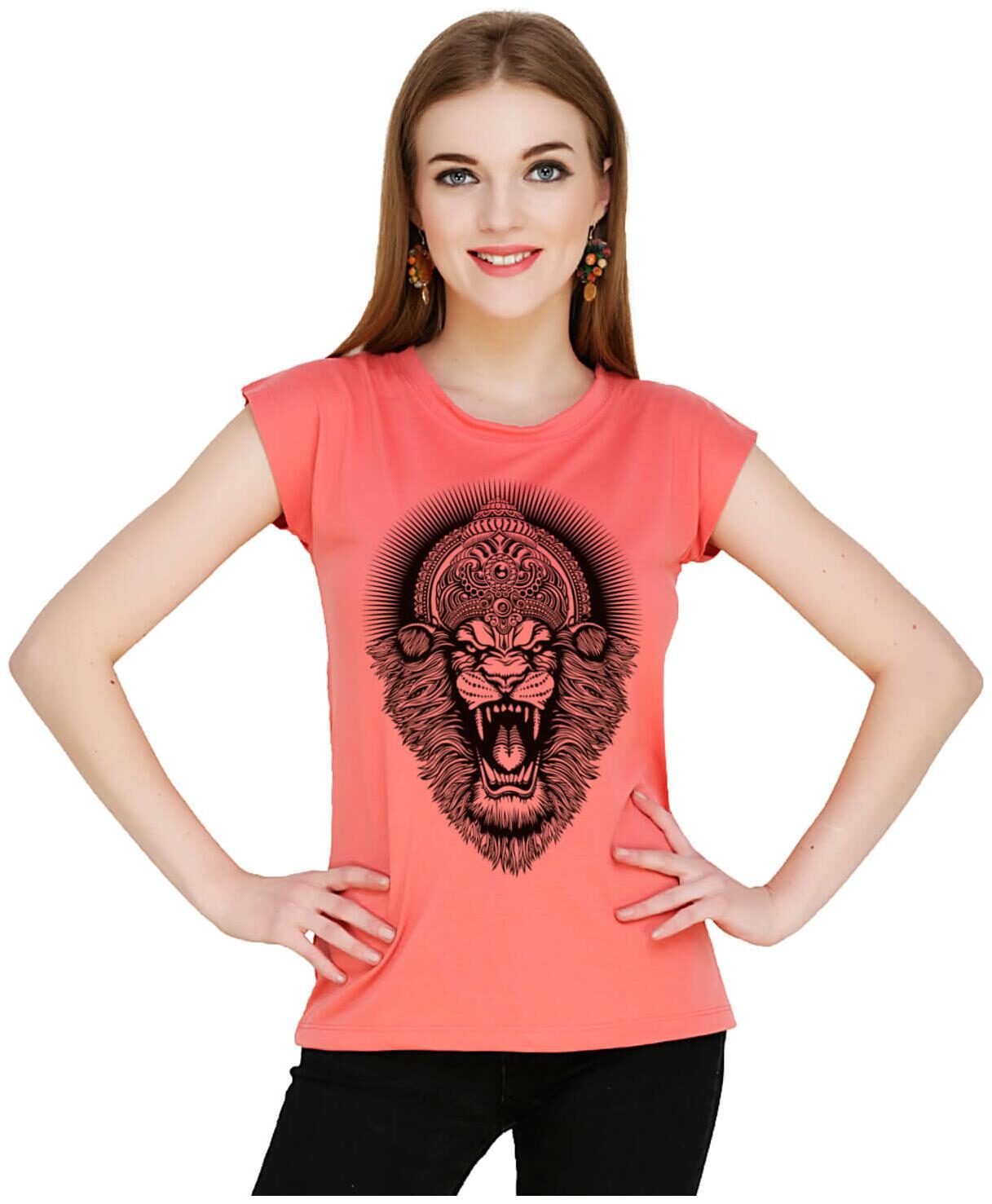 

baluchi Women Orange Regular fit Round neck Cotton Polyester T shirt