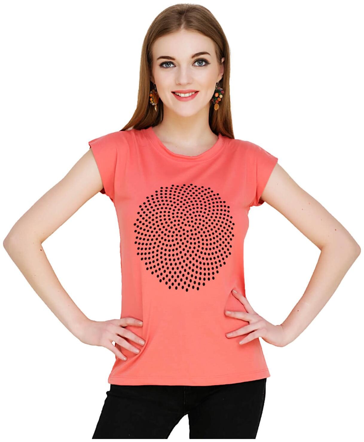 

baluchi Women Orange Regular fit Round neck Cotton Polyester T shirt
