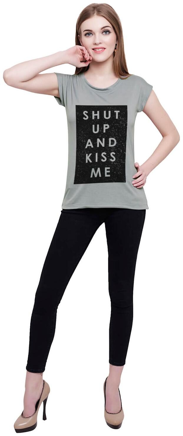 

baluchi Women Grey Regular fit Round neck Cotton Polyester T shirt