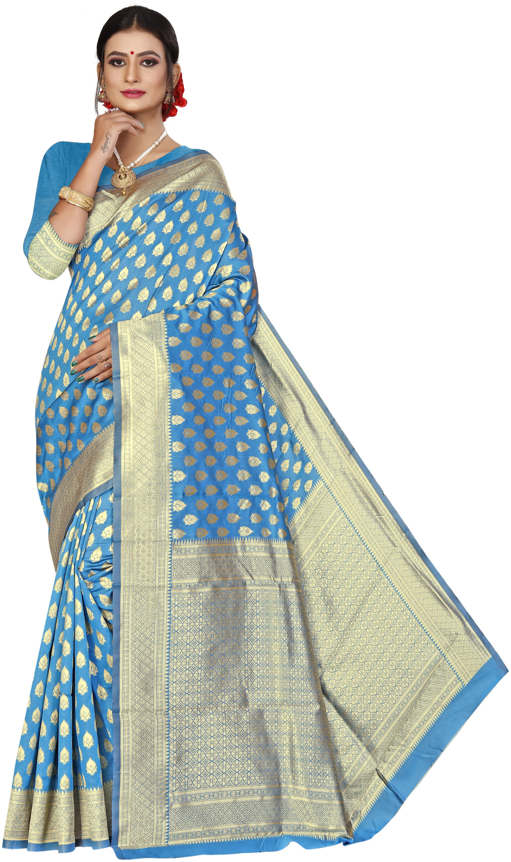 

Fashion Reloader Women Cotton Blend Blue Saree With Blouse