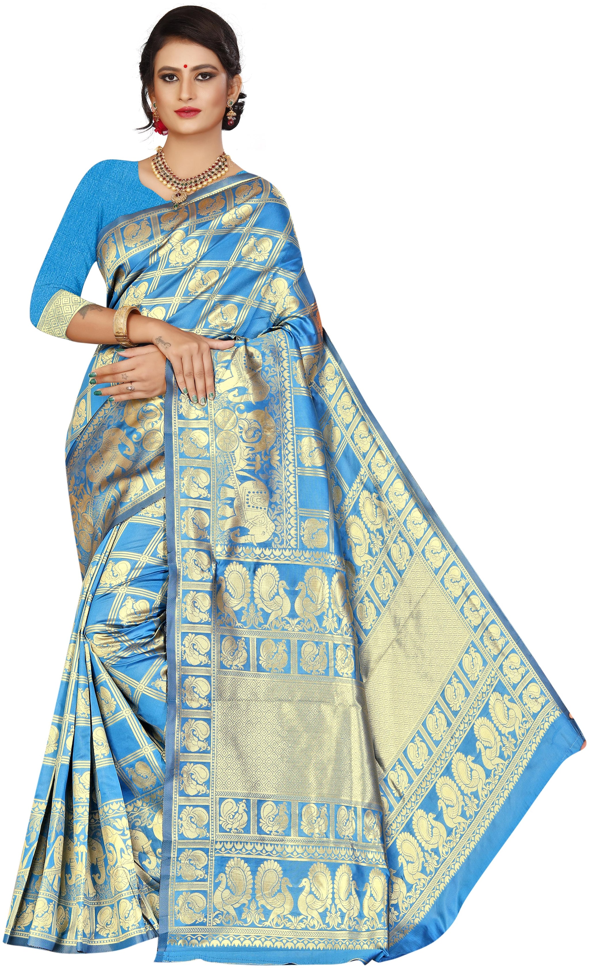 

Fashion Reloader Women Cotton Blend Blue Saree With Blouse