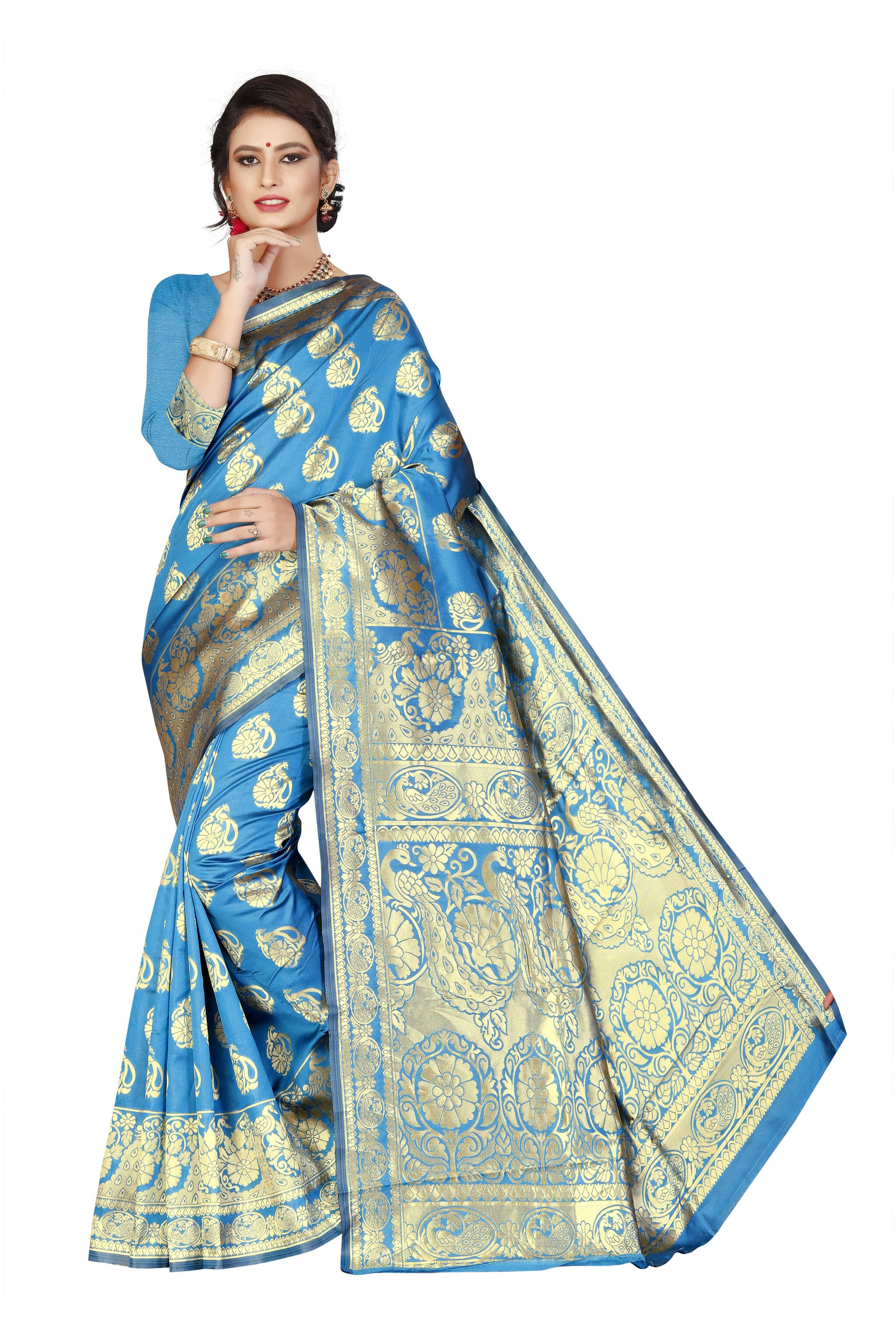 

Fashion Reloader Women Cotton Blend Blue Saree With Blouse
