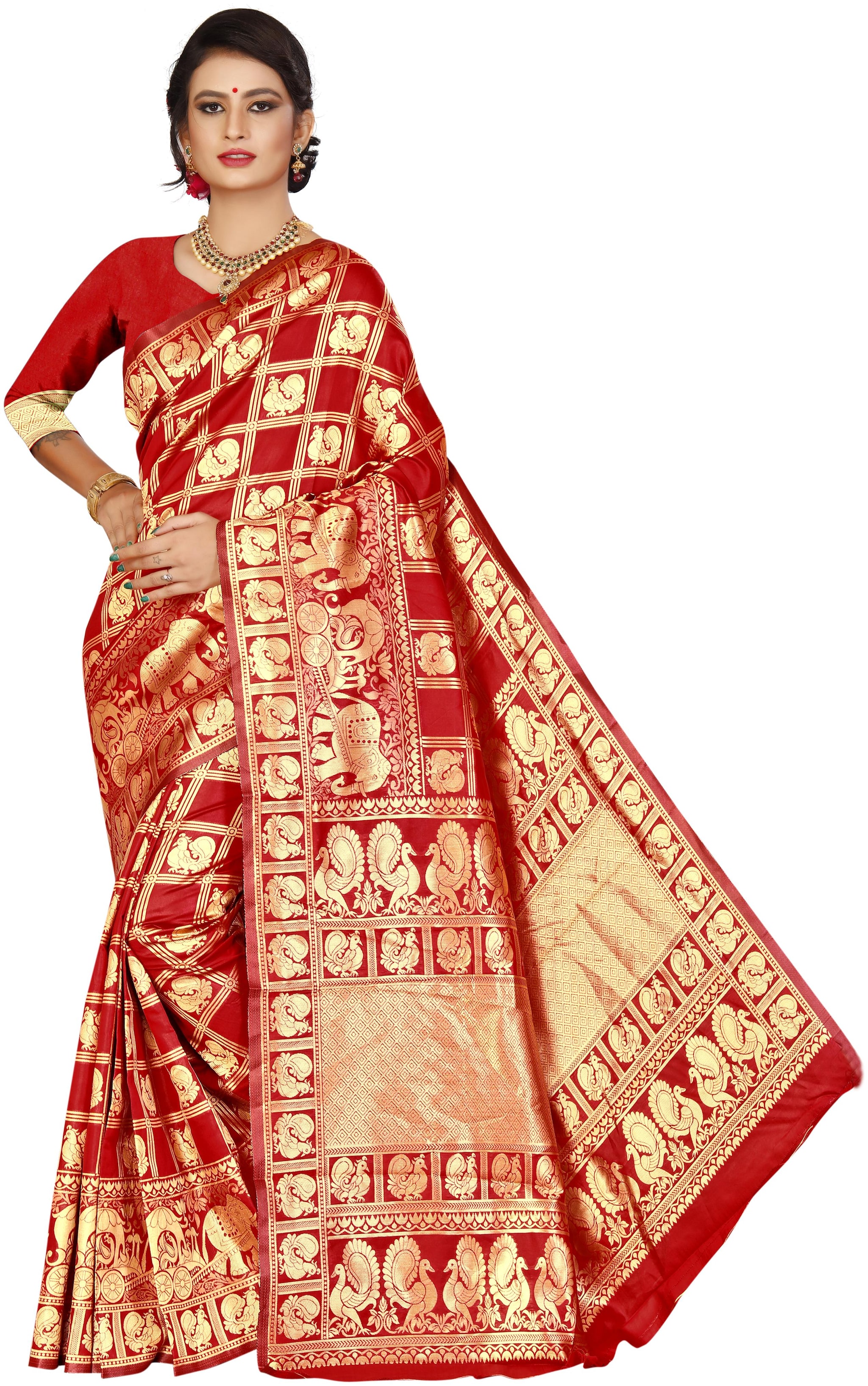 

Fashion Reloader Women Cotton Blend Red Saree With Blouse