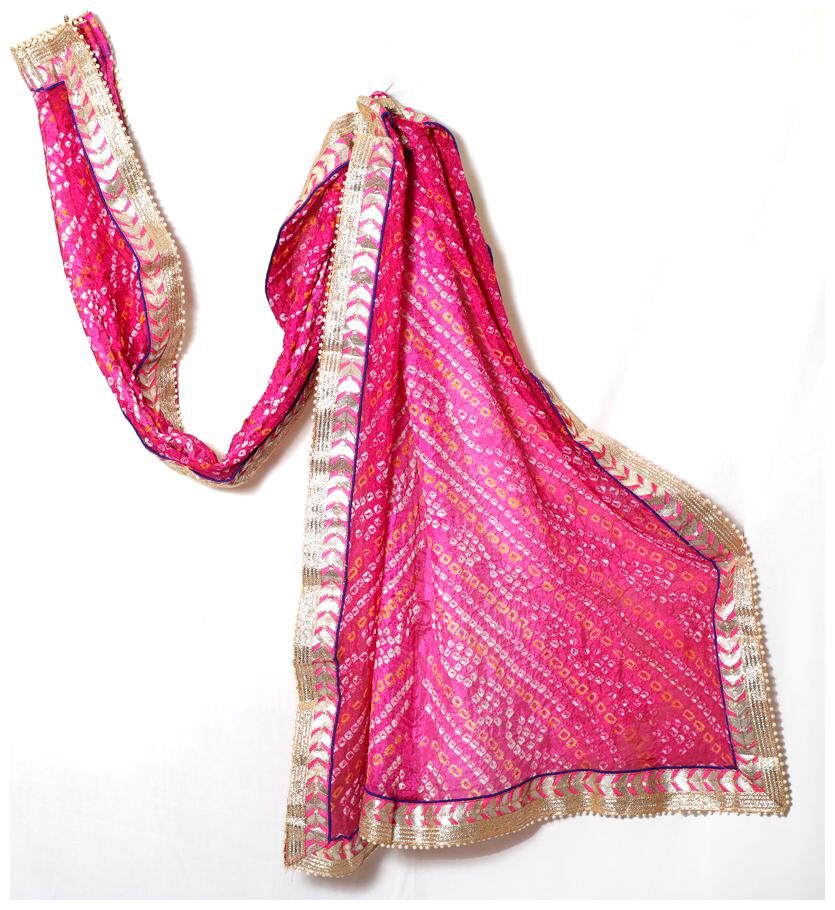 

Bandhani Art Silk Dupatta with Lace work And Moti Border