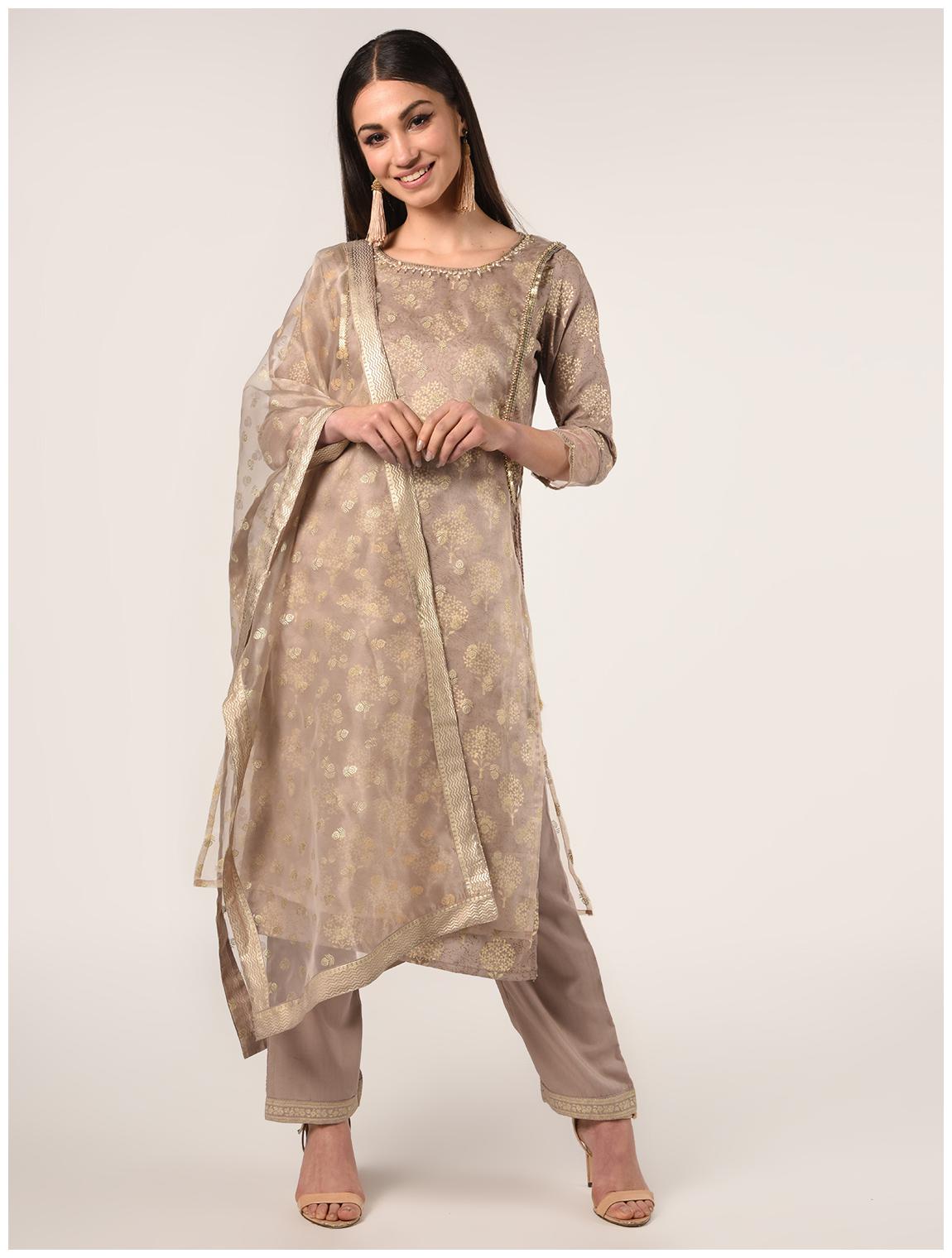 

Bani Women Women Brown Printed Straight Kurta With Pants And Dupatta