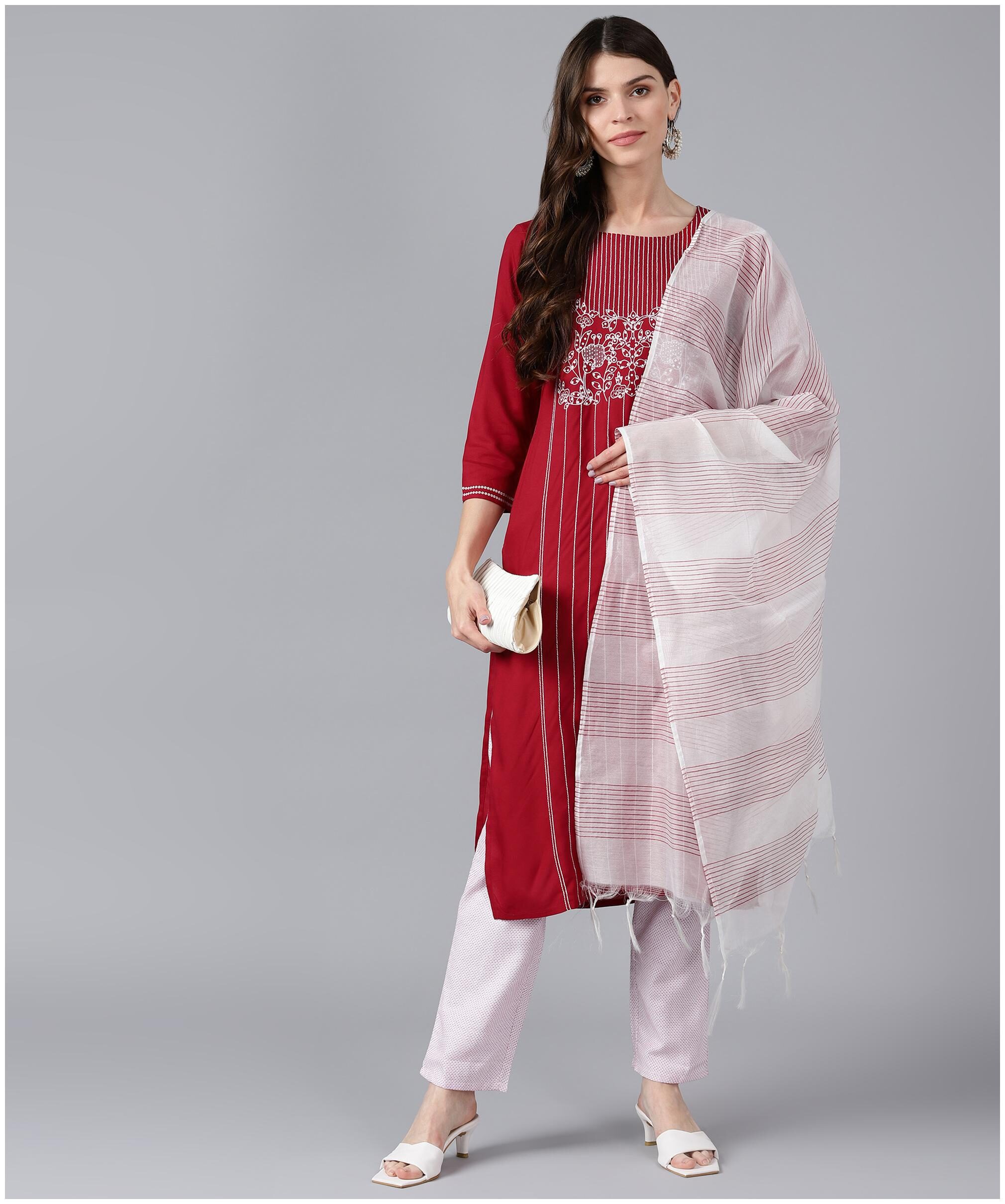 

Bani Women Embroidered Stitched Kurta Set with Dupatta - Red