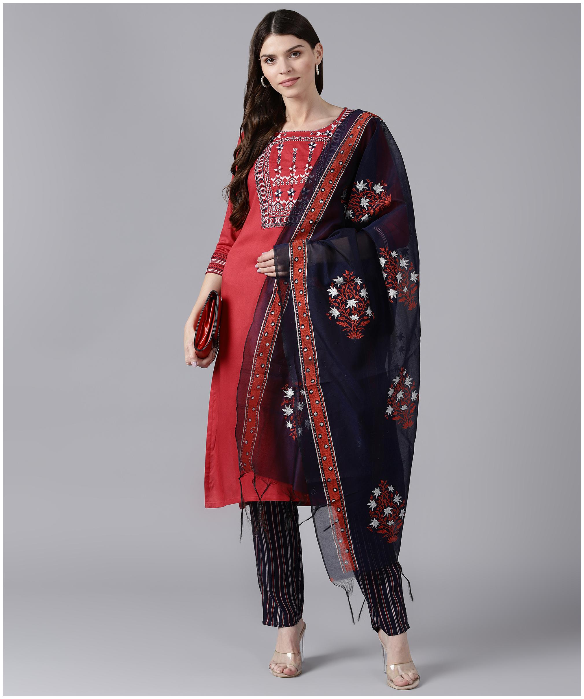 

Bani Women Embroidered Stitched Kurta Set with Dupatta - Red