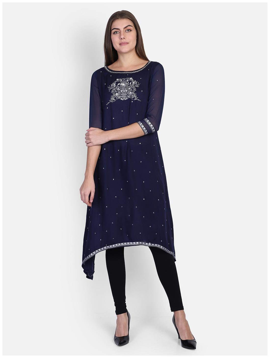 

Bani Women Women Navy Blue Embroidered Straight Kurti