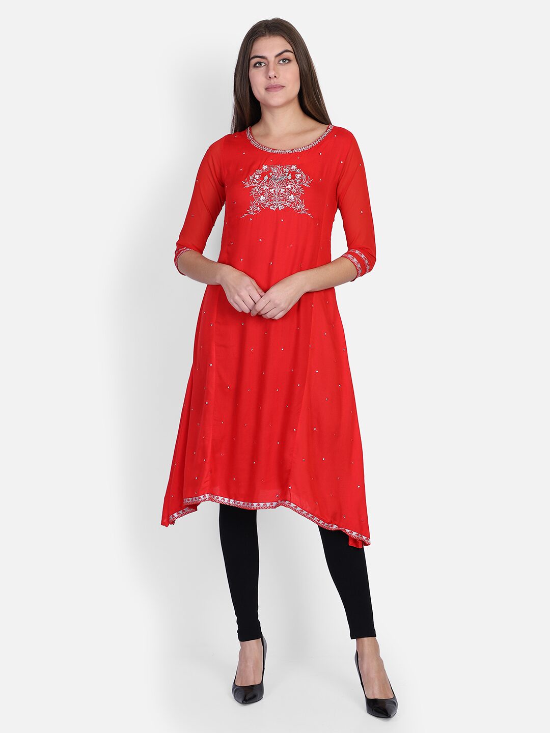 

Bani Women Women Red Embroidered Straight Kurti
